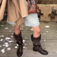French retro pleated high boots for women - Thumbnail 1