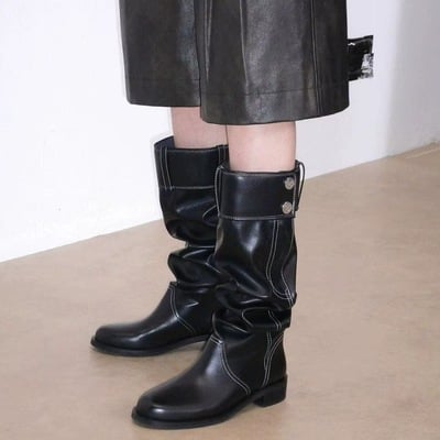 French retro pleated high boots for women