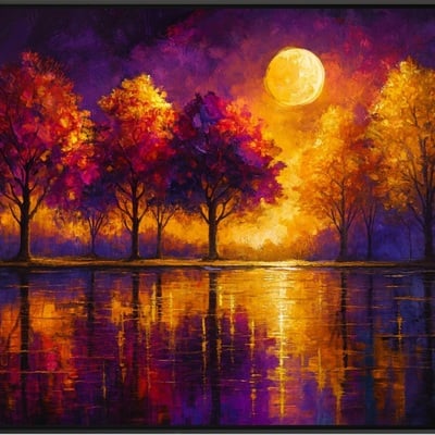 Vibrant moonrise over colorful trees abstract nature art