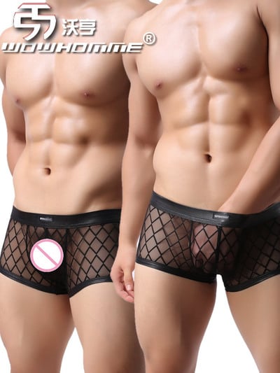 2PK Men's sexy underwear lingerie rhombus mesh sheer boxer briefs underpants WH53