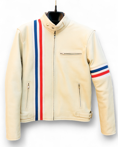 Crafted Leather Classic White Leather with Red and Blue Stripes Biker Motorcycle Jacket