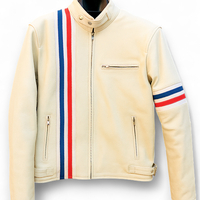Crafted Leather Classic White Leather with Red and Blue Stripes Biker Motorcycle Jacket - Thumbnail 1