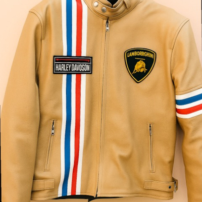 Crafted leather classic designer with red white and blue stripes biker motorcycle jacket - Thumbnail 2