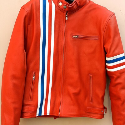 Crafted leather classic designer mix color orange/red with red white and blue stripes biker motorcycle jacket