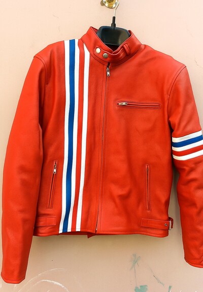 Crafted Leather Classic Designer Mix Color Orange/Red with Red White and Blue Stripes Biker Motorcycle Jacket
