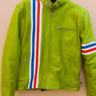 Crafted leather classic designer mix color yellow/green with red white and blue stripes biker motorcycle jacket
