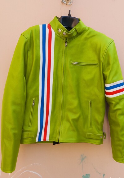 Crafted Leather Classic Designer Mix Color Yellow/Green with Red White and Blue Stripes Biker Motorcycle Jacket