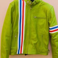 Crafted Leather Classic Designer Mix Color Yellow/Green with Red White and Blue Stripes Biker Motorcycle Jacket - Thumbnail 1