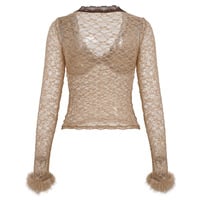 Twisted V-neck lace base layer top, sexy and lightweight sheer with fur trim sleeves - Thumbnail 3