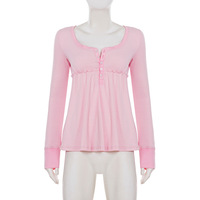 U-shaped half-open collar striped chic high-waisted A-line long-sleeved babydoll T-shirt - Thumbnail 2