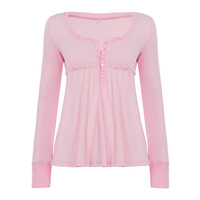 U-shaped half-open collar striped chic high-waisted A-line long-sleeved babydoll T-shirt - Thumbnail 5