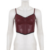 Sexy PU leather V-neck tank top with lace trim and asymmetrical cinched waist. - Thumbnail 3