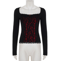 Dark color-blocked lace patchwork long-sleeved T-shirt - Thumbnail 1