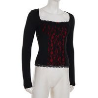 Dark color-blocked lace patchwork long-sleeved T-shirt - Thumbnail 2