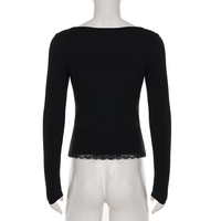 Dark color-blocked lace patchwork long-sleeved T-shirt - Thumbnail 7