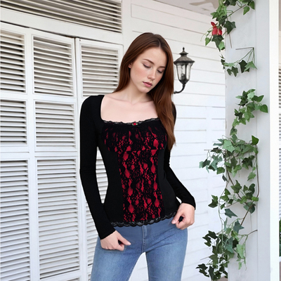 Dark color-blocked lace patchwork long-sleeved T-shirt