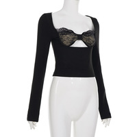 Sexy lace-trimmed faux two-piece T-shirt with cutouts at the bust - Thumbnail 4