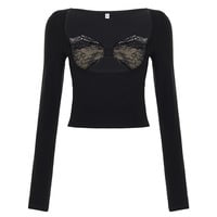 Sexy lace-trimmed faux two-piece T-shirt with cutouts at the bust - Thumbnail 5