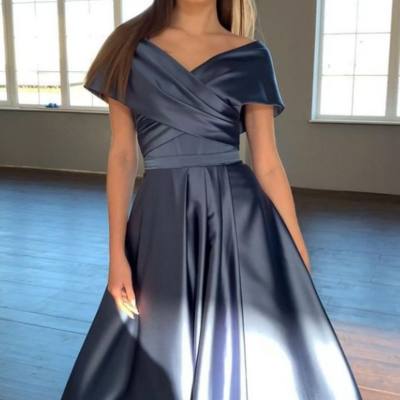 Simple blue mother of bride/ groom dress evening prom dress