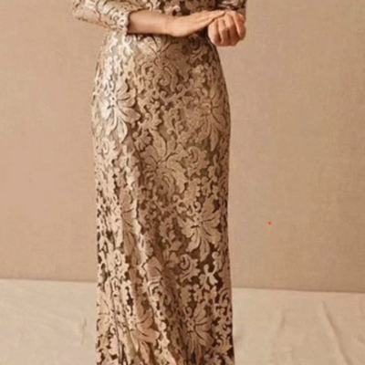 Simple champagne lace mother of bride/ groom dress formal prom dress - Thumbnail 1