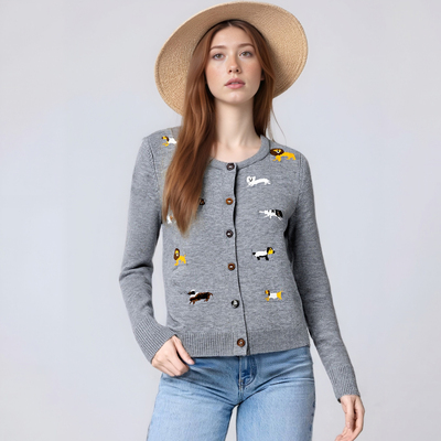 Versatile, fun, and cute puppy jacquard cardigan sweater