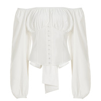 Off-the-shoulder puff sleeve shirt with a fitted waist and tie, solid color top - Thumbnail 1