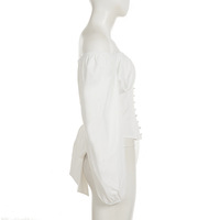 Off-the-shoulder puff sleeve shirt with a fitted waist and tie, solid color top - Thumbnail 3