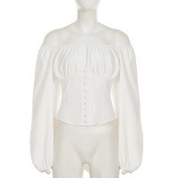 Off-the-shoulder puff sleeve shirt with a fitted waist and tie, solid color top - Thumbnail 4