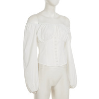 Off-the-shoulder puff sleeve shirt with a fitted waist and tie, solid color top - Thumbnail 5