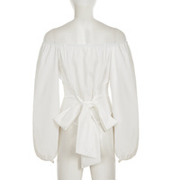 Off-the-shoulder puff sleeve shirt with a fitted waist and tie, solid color top - Thumbnail 6