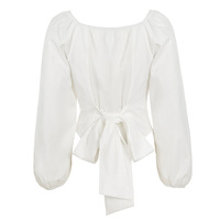 Off-the-shoulder puff sleeve shirt with a fitted waist and tie, solid color top - Thumbnail 7