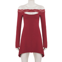 Lace off-the-shoulder cutout A-line sexy mini skirt - Thumbnail 3