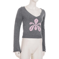 Floral jacquard pattern V-neck knit sweater - Thumbnail 2