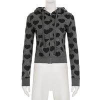 Retro heart print distressed V-neck hooded sweatshirt - Thumbnail 3