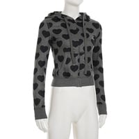 Retro heart print distressed V-neck hooded sweatshirt - Thumbnail 5