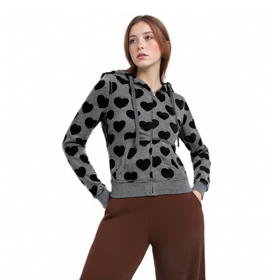 Retro heart print distressed v-neck hooded sweatshirt