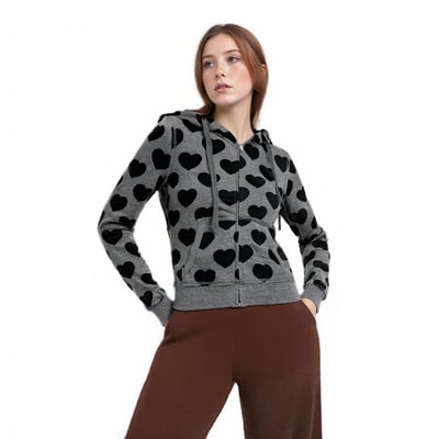 Retro heart print distressed V-neck hooded sweatshirt