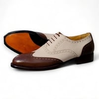 Crafted Leather Men’s Classic Brown White Leather Formal Oxford Wingtip Lace up Dress Shoes - Thumbnail 1