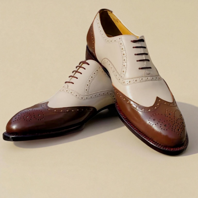 Crafted Leather Men’s Classic Brown White Leather Formal Oxford Wingtip Lace up Dress Shoes
