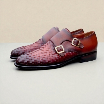 Crafted leather men’s classic brown woven leather monk strap dress shoes