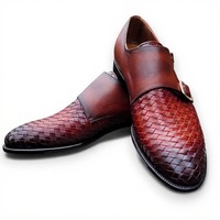 Crafted Leather Men’s Classic Brown Woven Leather Monk Strap Dress Shoes - Thumbnail 2