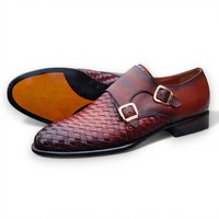 Crafted Leather Men’s Classic Brown Woven Leather Monk Strap Dress Shoes - Thumbnail 1