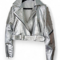 Crafted Leather Women Silver Brando Patch Embroidery Punk Silver Spiked Studded Jacket  - Thumbnail 2