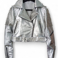 Crafted Leather Women Silver Brando Patch Embroidery Punk Silver Spiked Studded Jacket  - Thumbnail 1