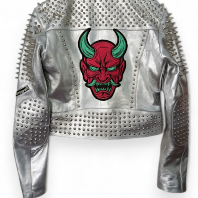 Crafted leather women silver brando patch embroidery punk silver spiked studded jacket 