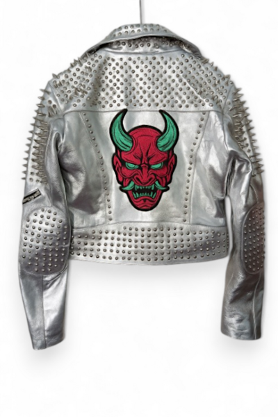 Crafted Leather Women Silver Brando Patch Embroidery Punk Silver Spiked Studded Jacket 