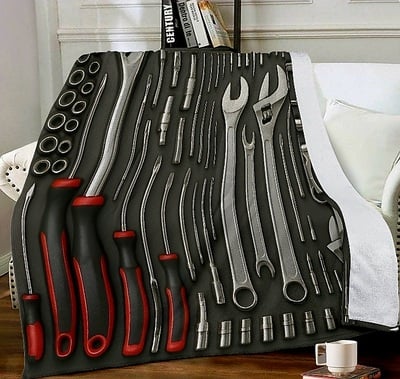 Mechanic's Tool Set Fleece Blanket | 60x80 King Throw | Garage Tool Print Throw | Automotive Enthusiasts 