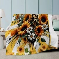 Vibrant Floral Cross Throw Blanket | 60x80 King Throw | Yellow Sunflower and Cheetah Print Faith Decor | Inspirational - Thumbnail 1