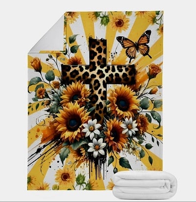 Vibrant Floral Cross Throw Blanket | 60x80 King Throw | Yellow Sunflower and Cheetah Print Faith Decor | Inspirational