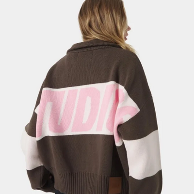 Retro spliced brown zipper knit